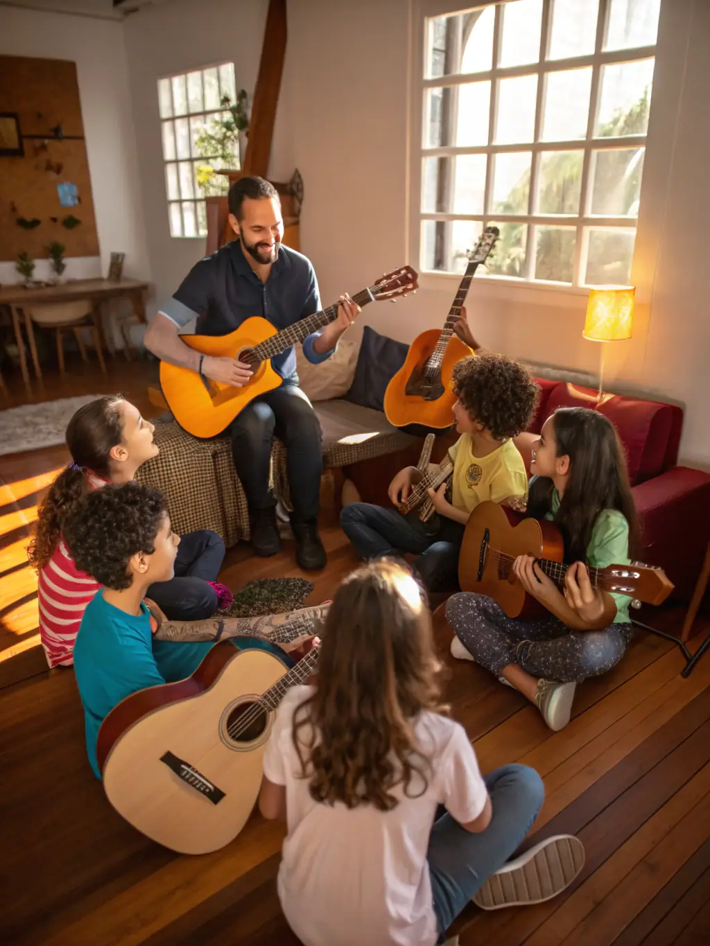 A dynamic photo of a music workshop in progress, showing participants of various ages learning to play instruments under the guidance of an instructor.