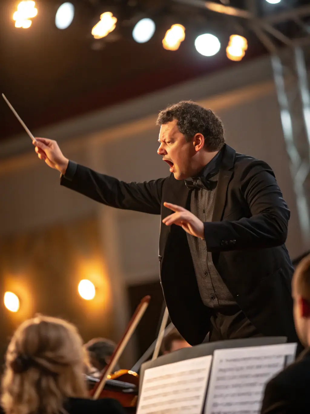 A close-up shot of a conductor leading an orchestra during a rehearsal, emphasizing the precision and passion involved in creating musical performances.