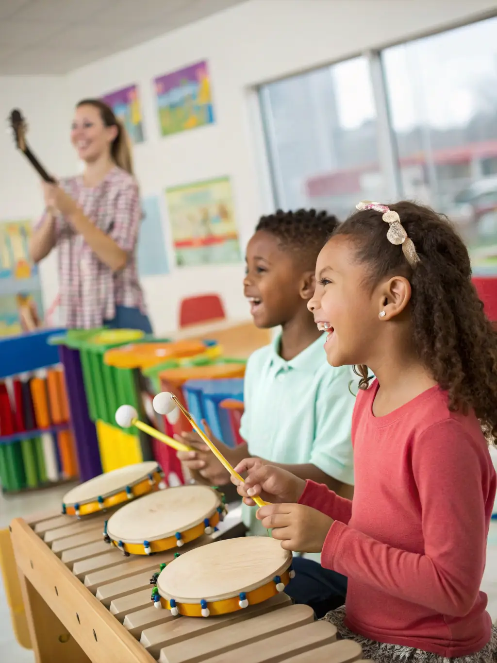 A dynamic photo of a music workshop, showing participants of various ages learning to play instruments and engaging with instructors, reflecting AML's dedication to music education.