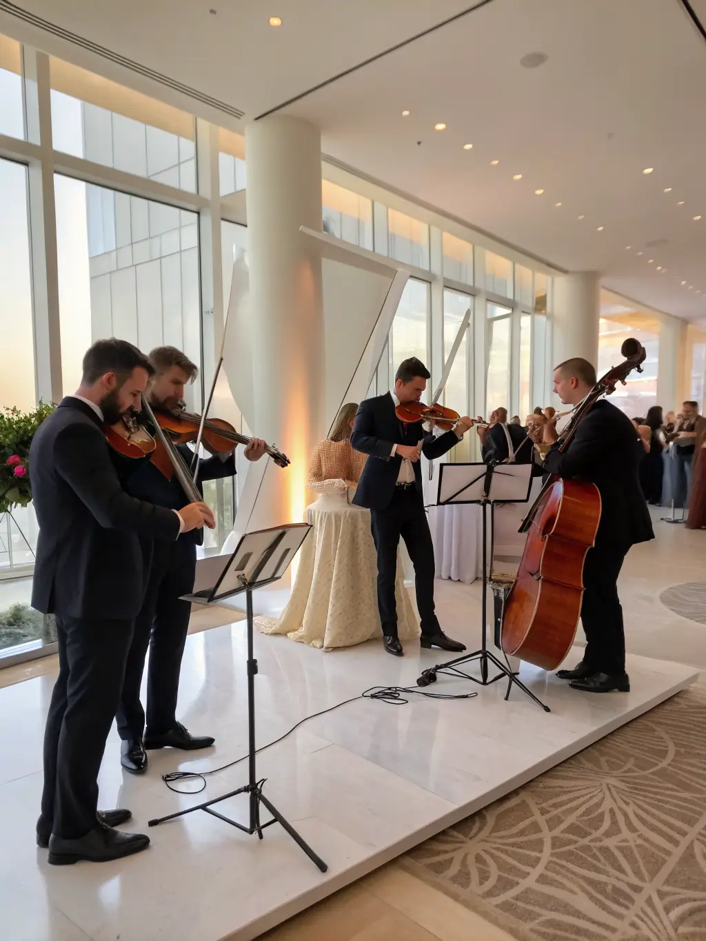 A vibrant image of a string quartet performing at an AML concert in a historic Luberon venue, showcasing the elegance and cultural richness of the event.