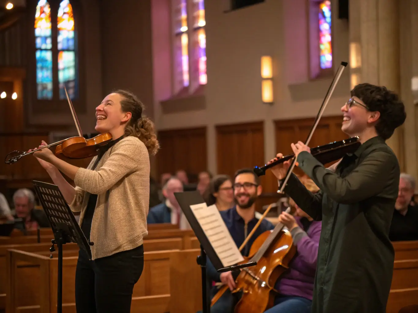 A photograph capturing a string quartet performing at a past AML concert in a historic church in Luberon, France. The lighting is warm and inviting, highlighting the musicians' expressions and the architectural details of the venue.