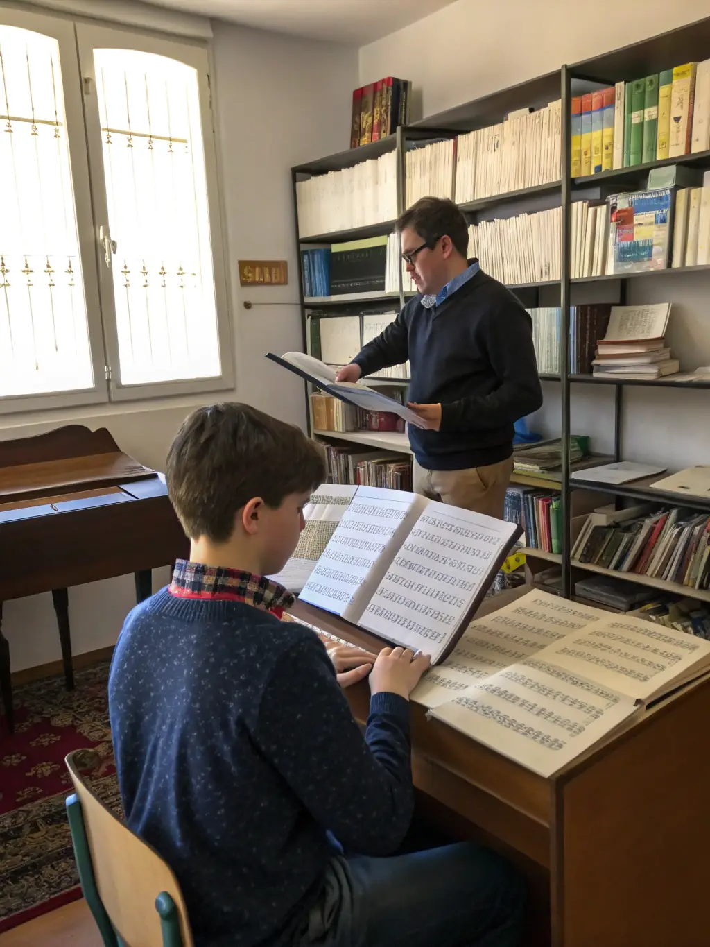 A photo of students in an AML educational program learning about music theory and composition, emphasizing the importance of music education.