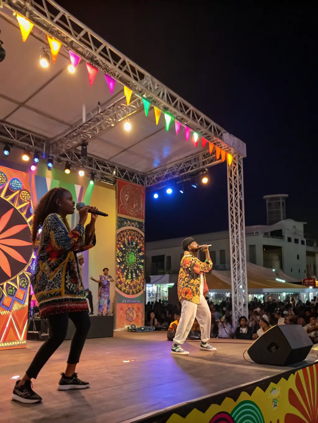 A colorful image of an artistic event or festival organized by AML, featuring performers, artists, and an enthusiastic audience, celebrating the region's rich cultural heritage.