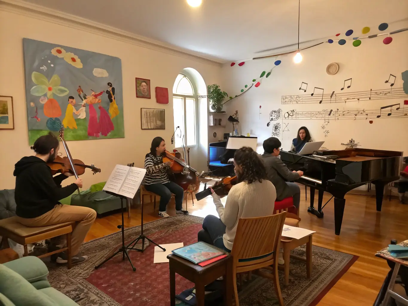 A photo of participants actively engaged in a music workshop organized by AML, focusing on traditional Provençal music. The setting is a rustic community center, filled with instruments and smiling faces.
