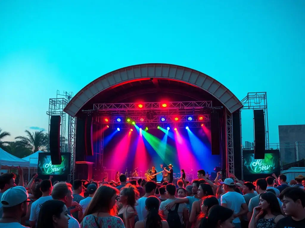 A vibrant image capturing the atmosphere of a past AML-organized music festival in Pays d'Aix, featuring a diverse crowd enjoying live performances, food stalls, and artistic displays.