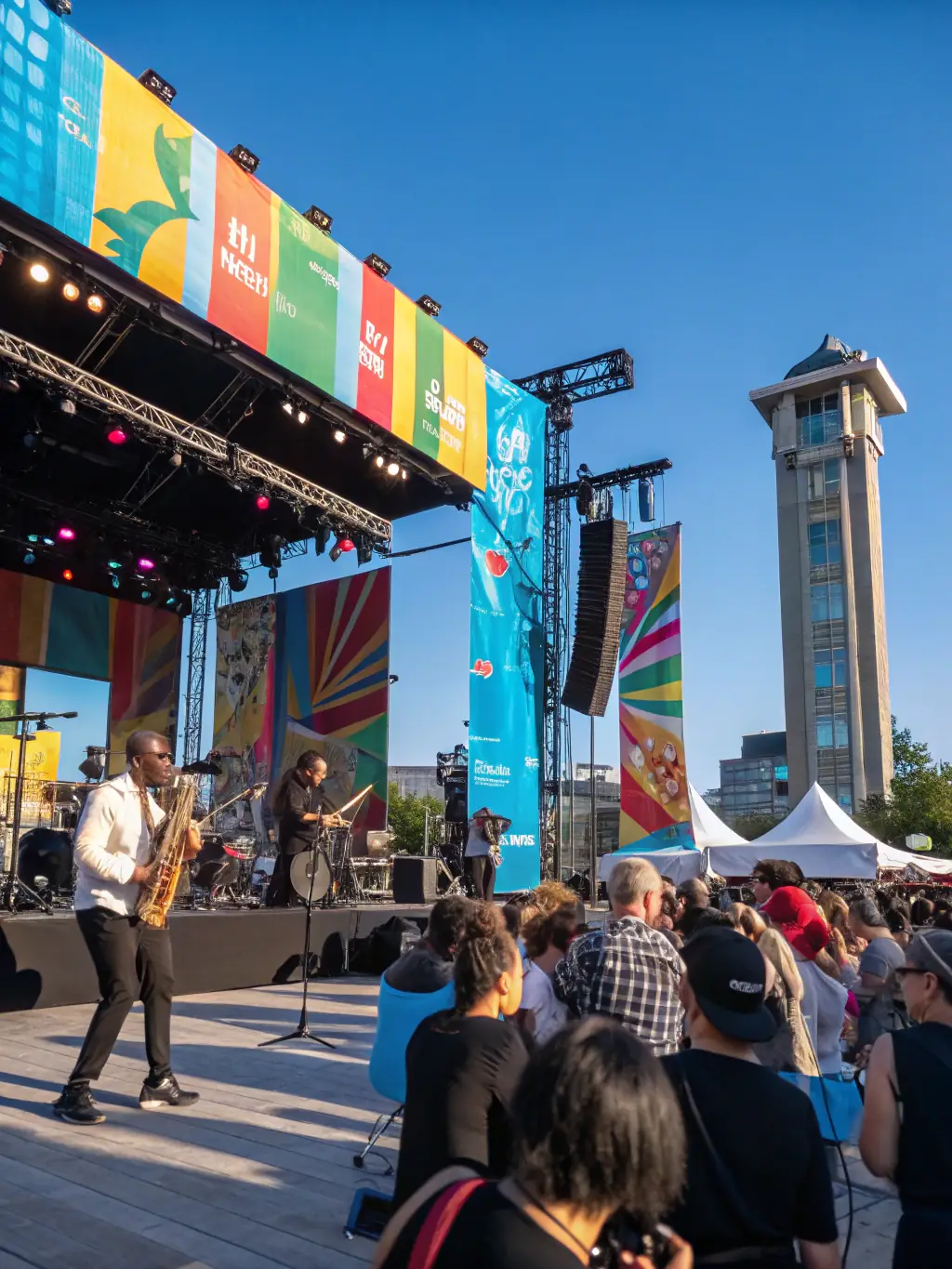 A colorful and lively image of a local music festival in Pays d'Aix, showcasing various performers and a diverse audience enjoying the event.