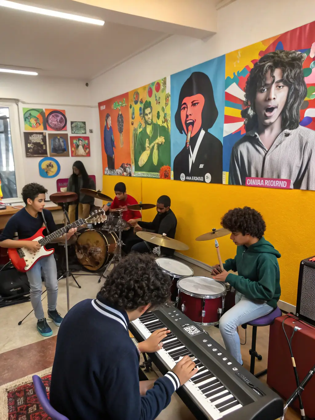 A group of children actively participating in a music workshop led by an AML instructor, highlighting the organization's commitment to music education.
